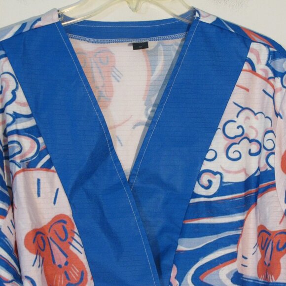 * Unbranded Silk Look Blouse Medium New NWOT Animal Print Blue Orange V Neckline - Picture 2 of 5
